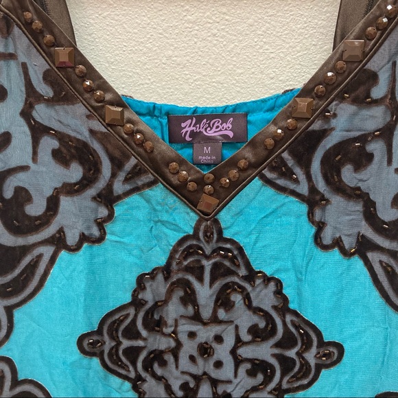 Hale Bob Turquoise Blue & Brown Velvet Beaded Silk Slip Dress - Picture 3 of 9